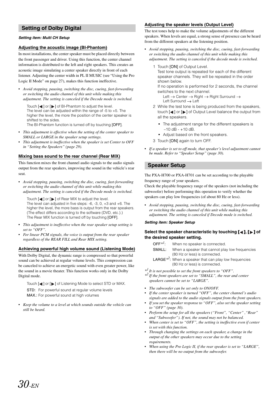 Setting of dolby digital, Speaker setup | Alpine IXA-W407 User Manual | Page 32 / 76