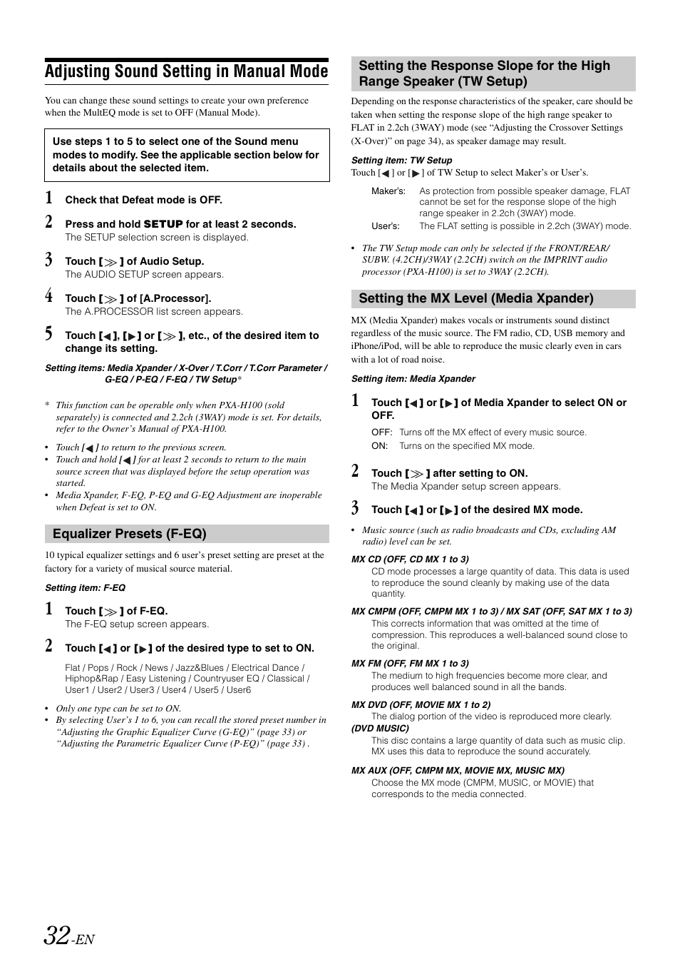 Adjusting sound setting in manual mode, Adjusting sound setting in manual, Mode | Alpine IXA-W407 User Manual | Page 34 / 76