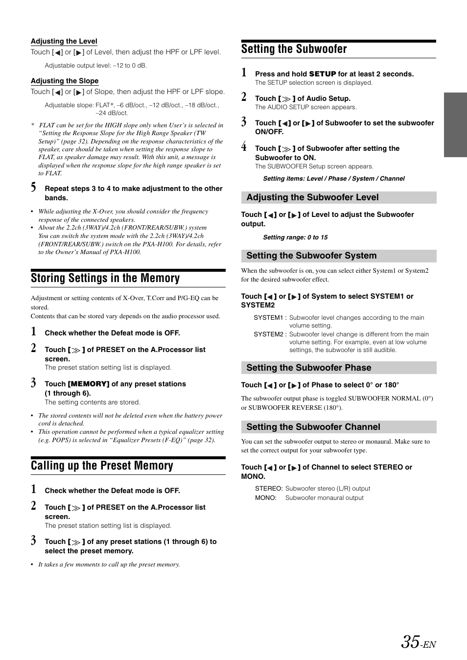 Storing settings in the memory, Calling up the preset memory, Setting the subwoofer | Alpine IXA-W407 User Manual | Page 37 / 76