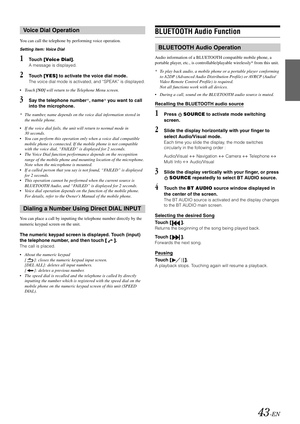 Voice dial operation, Dialing a number using direct dial input, Bluetooth audio function | Bluetooth audio operation, Voice dial operation dialing a number using direct, Dial input | Alpine IXA-W407 User Manual | Page 45 / 76