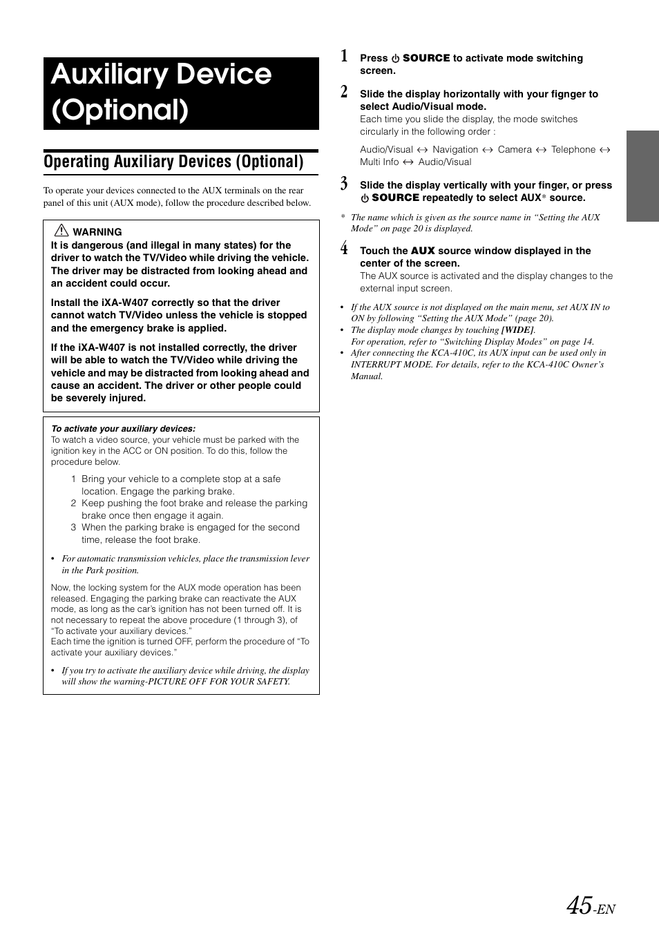 Auxiliary device (optional), Operating auxiliary devices (optional) | Alpine IXA-W407 User Manual | Page 47 / 76