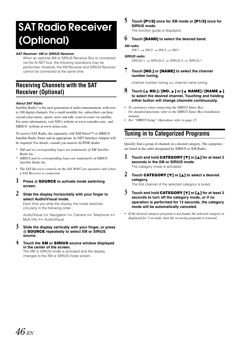 Sat radio receiver (optional), Tuning in to categorized programs, Receiving channels with the sat receiver | Optional) | Alpine IXA-W407 User Manual | Page 48 / 76