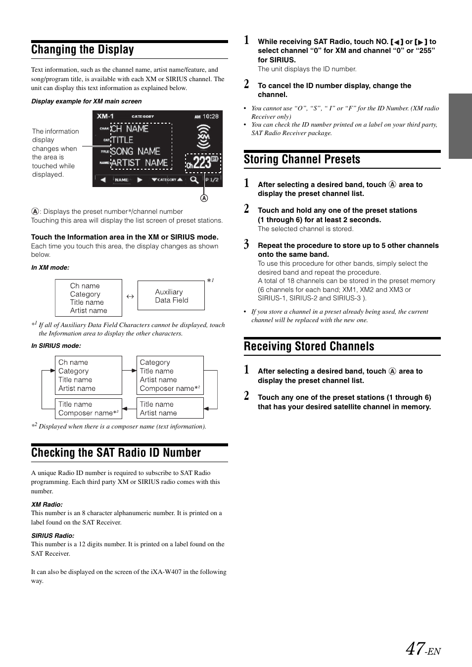 Changing the display, Checking the sat radio id number, Storing channel presets | Receiving stored channels | Alpine IXA-W407 User Manual | Page 49 / 76