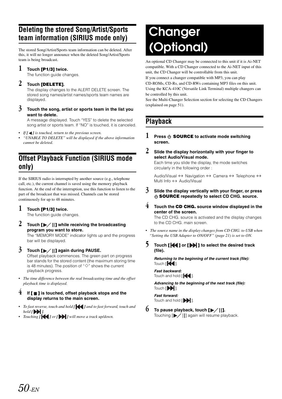 Offset playback function (sirius mode only), Changer (optional), Playback | Deleting the stored song/artist/sports team, Information (sirius mode only), Offset playback function, Sirius mode only) | Alpine IXA-W407 User Manual | Page 52 / 76