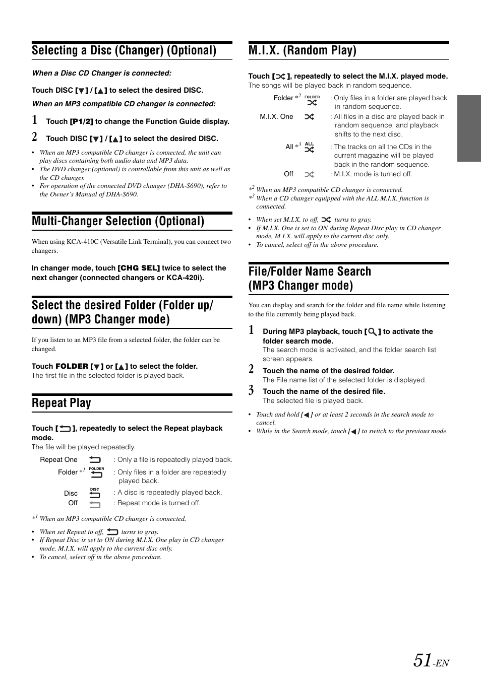 Selecting a disc (changer) (optional), Multi-changer selection (optional), Repeat play | M.i.x. (random play), File/folder name search (mp3 changer mode), Select the desired folder (folder up/down), Mp3 changer mode), File/folder name search | Alpine IXA-W407 User Manual | Page 53 / 76