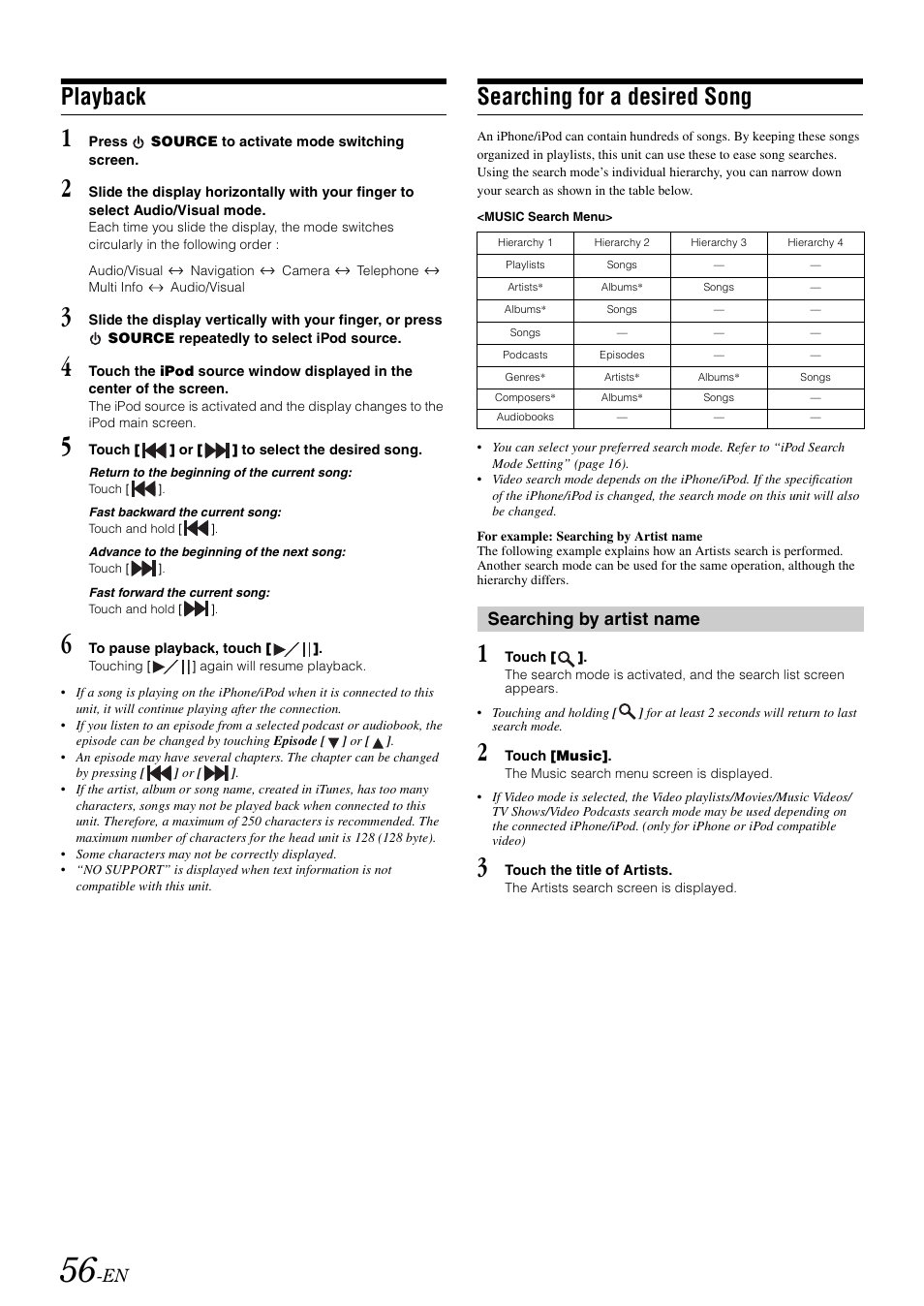 Playback, Searching for a desired song, Searching by artist name | Playback” of | Alpine IXA-W407 User Manual | Page 58 / 76
