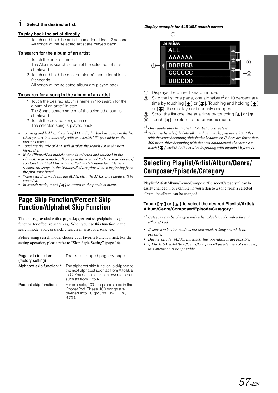 Alphabet skip function, Selecting playlist/artist/album/genre, Composer/episode/category | Alpine IXA-W407 User Manual | Page 59 / 76