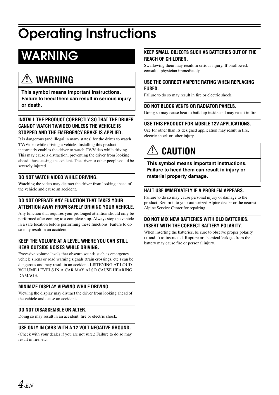 Operating instructions, Warning, Caution | Alpine IXA-W407 User Manual | Page 6 / 76