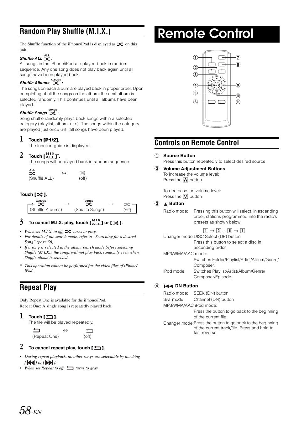 Random play shuffle (m.i.x.), Repeat play, Remote control | Controls on remote control | Alpine IXA-W407 User Manual | Page 60 / 76