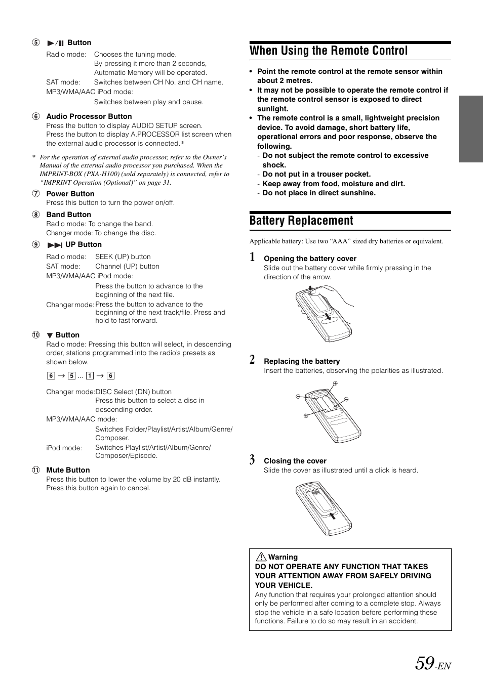 When using the remote control, Battery replacement | Alpine IXA-W407 User Manual | Page 61 / 76