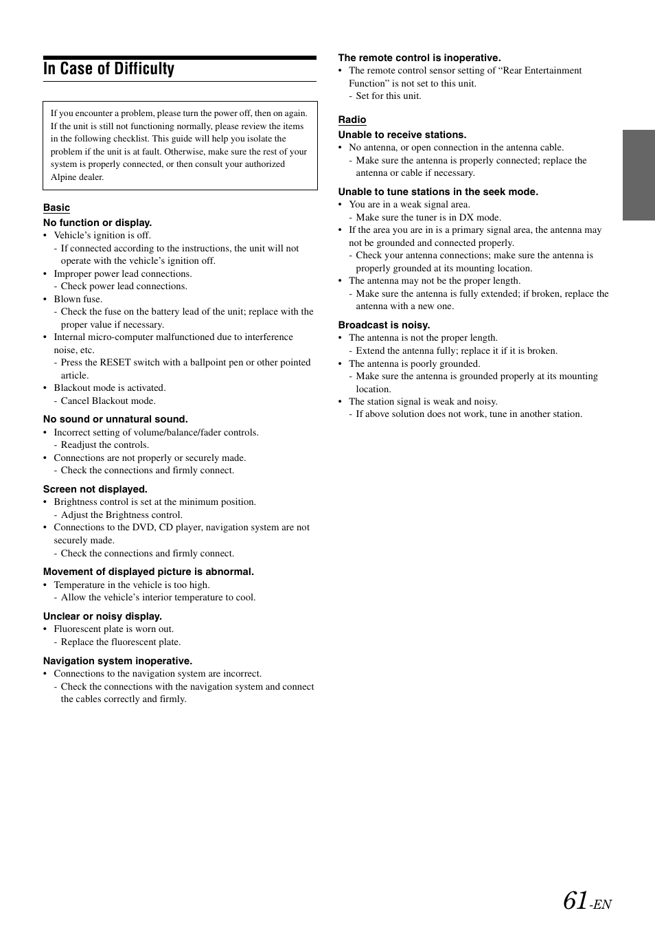 In case of difficulty | Alpine IXA-W407 User Manual | Page 63 / 76