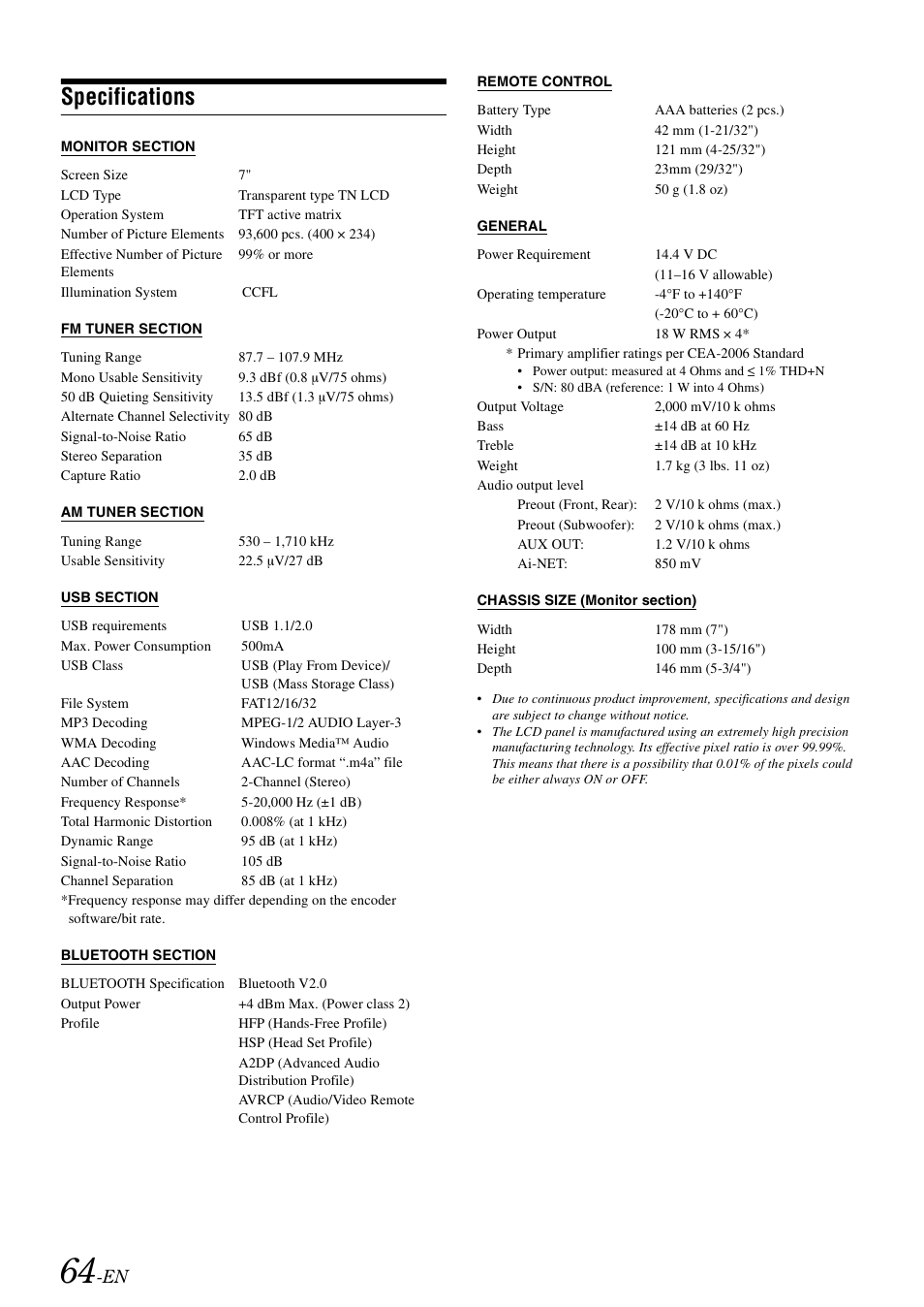 Specifications | Alpine IXA-W407 User Manual | Page 66 / 76