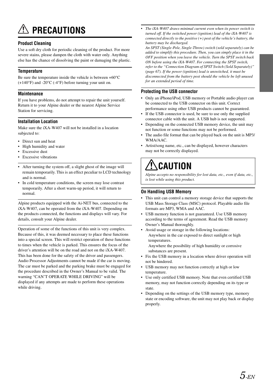 Precautions, Caution | Alpine IXA-W407 User Manual | Page 7 / 76