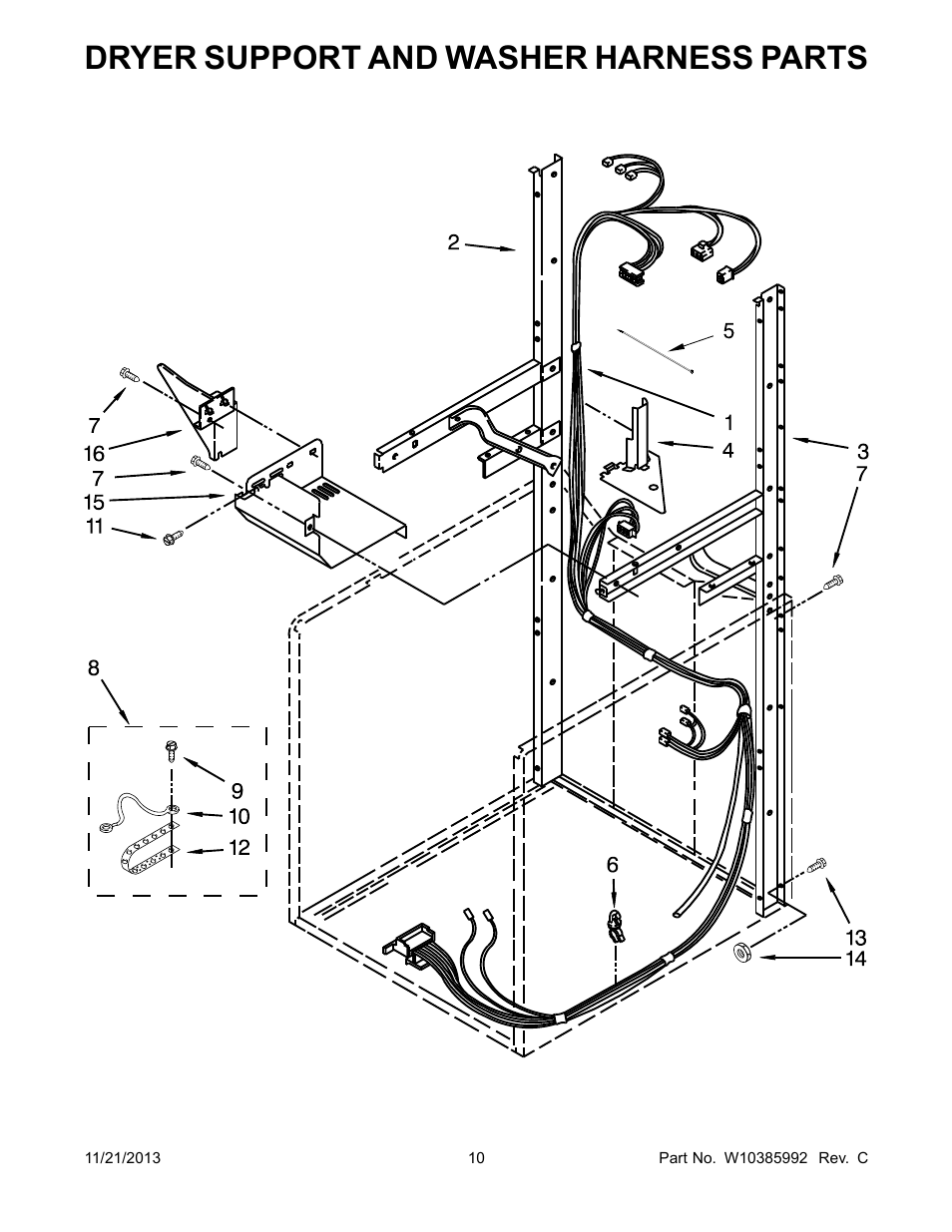 Dryer support and washer harness, Dryer support and washer harness parts | Whirlpool WET3300XQ User Manual | Page 10 / 30