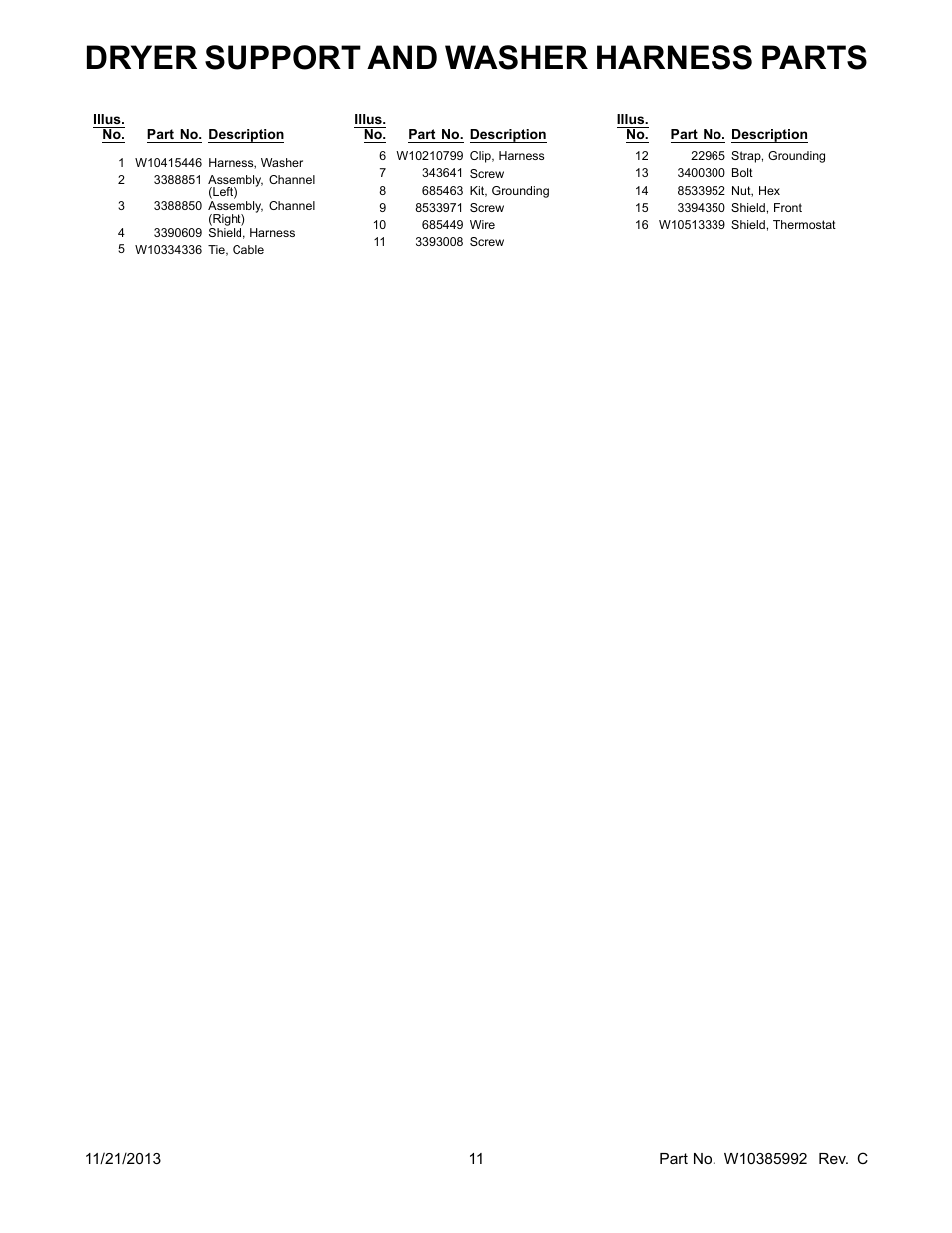 Dryer support and washer harness parts | Whirlpool WET3300XQ User Manual | Page 11 / 30