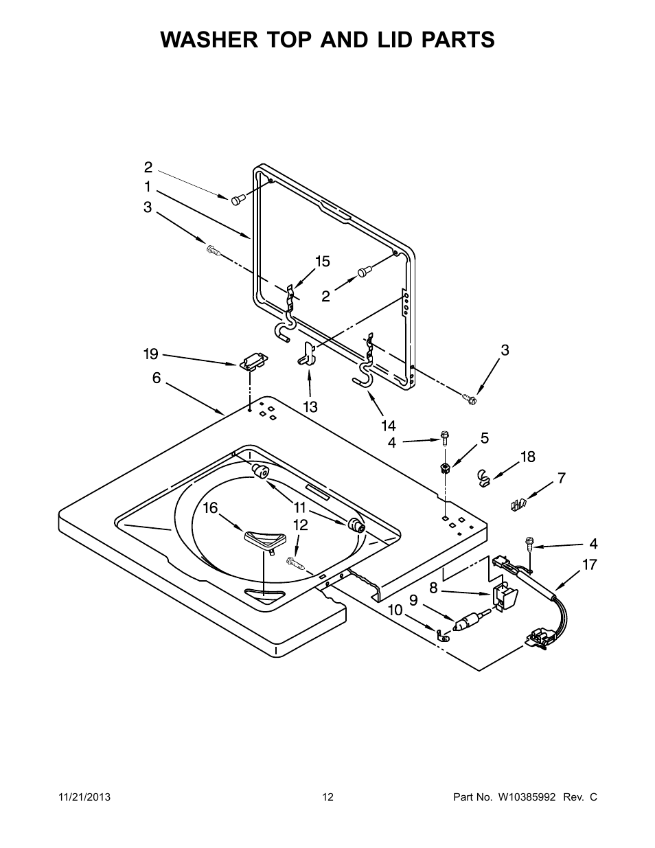 Washer top and lid, Washer top and lid parts | Whirlpool WET3300XQ User Manual | Page 12 / 30