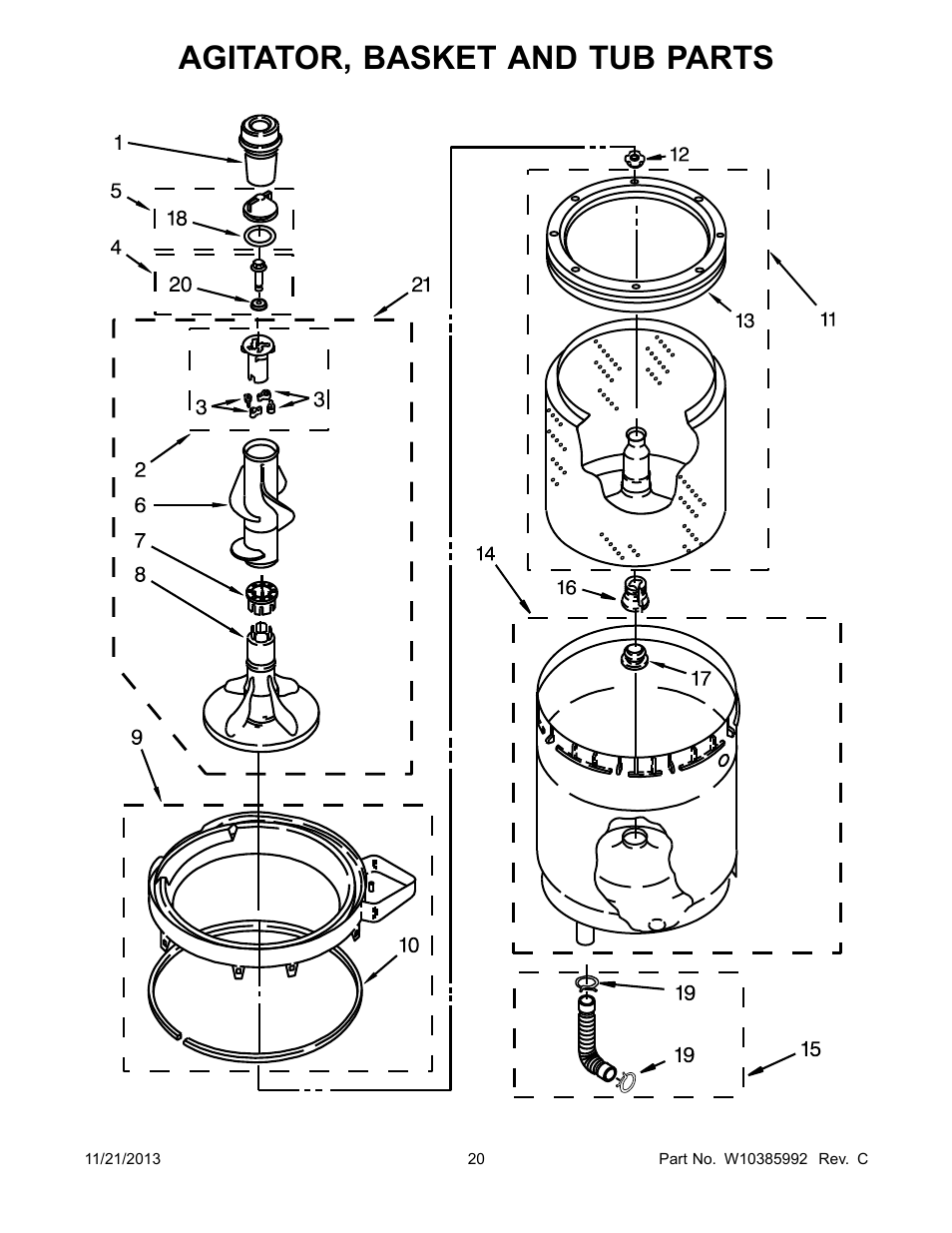 Agitator, basket and tub, Agitator, basket and tub parts | Whirlpool WET3300XQ User Manual | Page 20 / 30