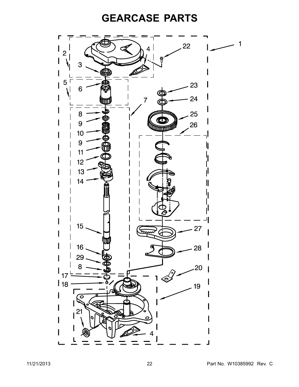 Gearcase, Gearcase parts | Whirlpool WET3300XQ User Manual | Page 22 / 30