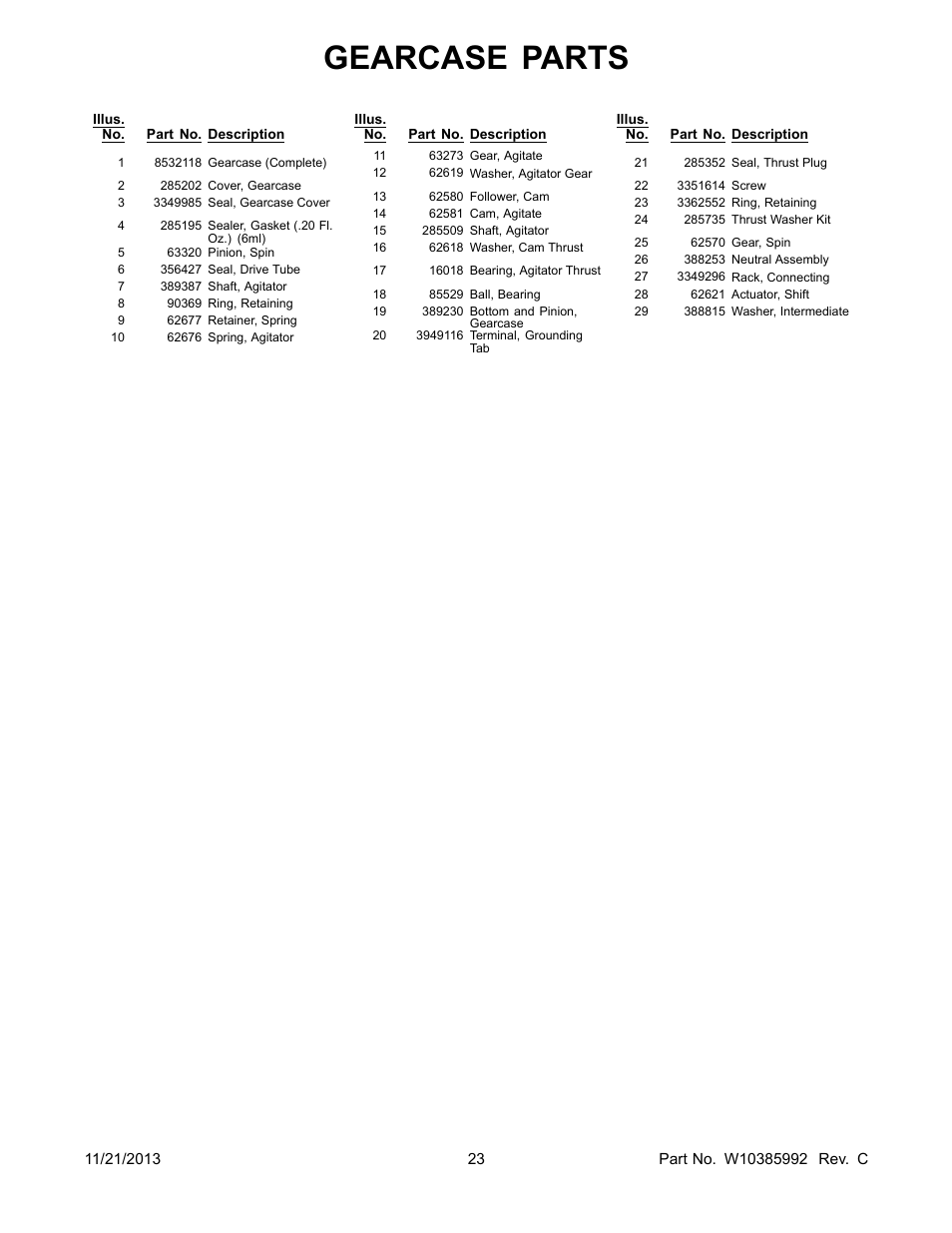 Gearcase parts | Whirlpool WET3300XQ User Manual | Page 23 / 30