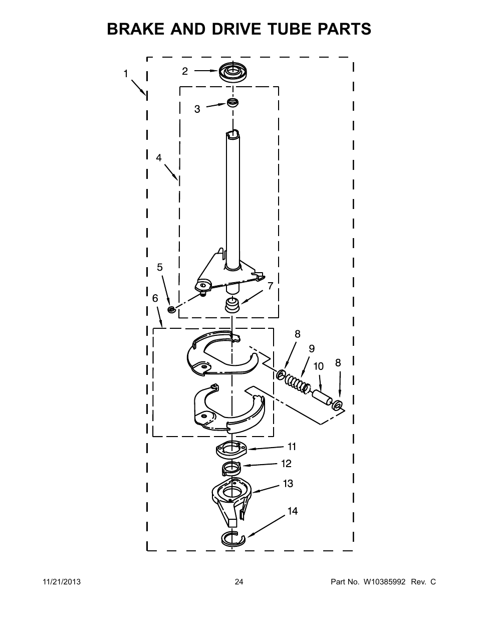 Brake and drive tube, Brake and drive tube parts | Whirlpool WET3300XQ User Manual | Page 24 / 30