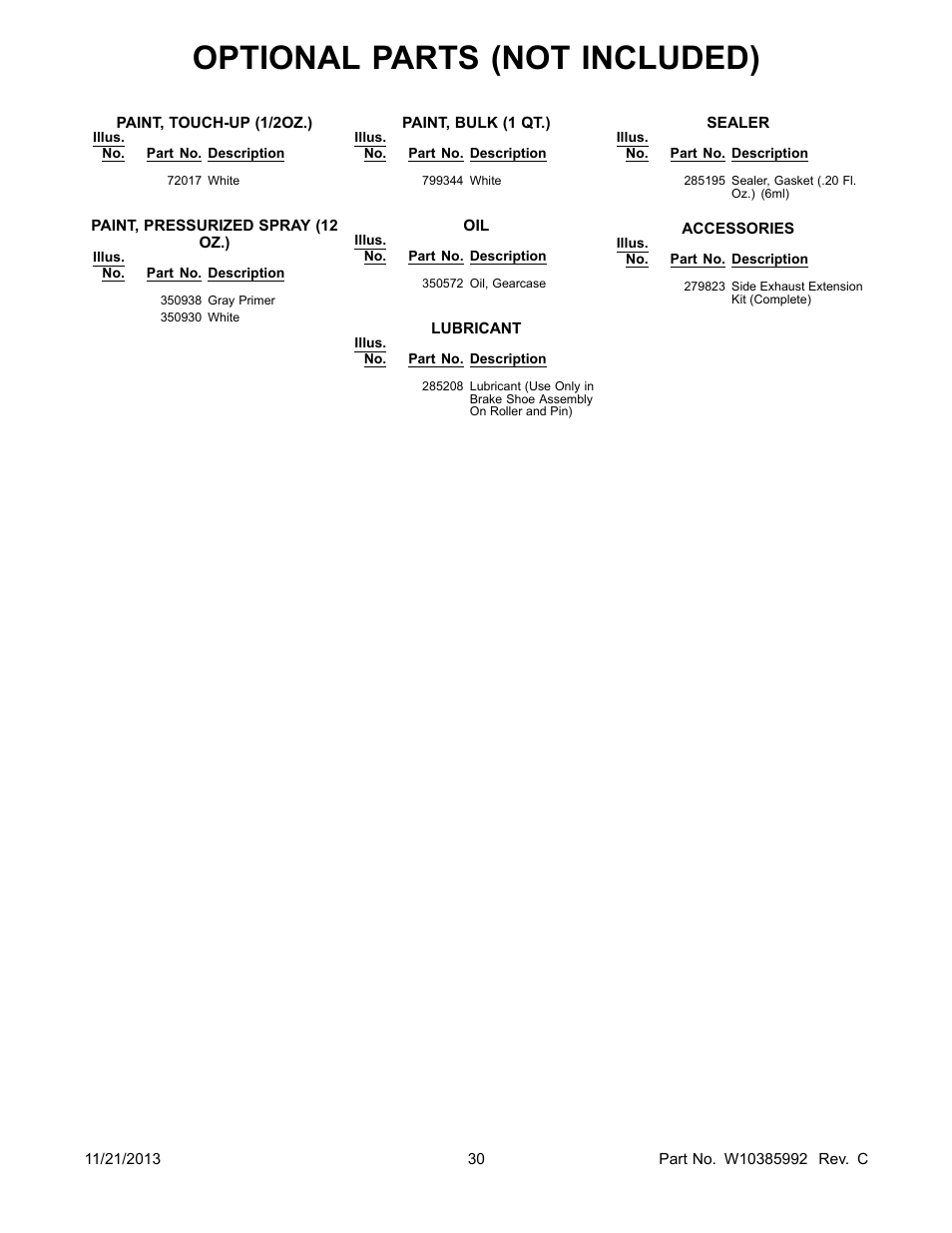 Optional, Optional parts (not included) | Whirlpool WET3300XQ User Manual | Page 30 / 30