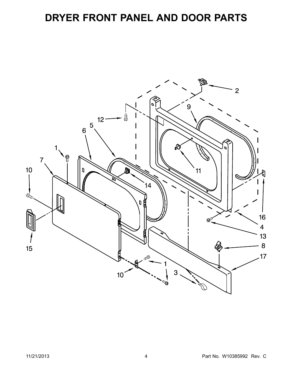 Dryer front panel and door, Dryer front panel and door parts | Whirlpool WET3300XQ User Manual | Page 4 / 30