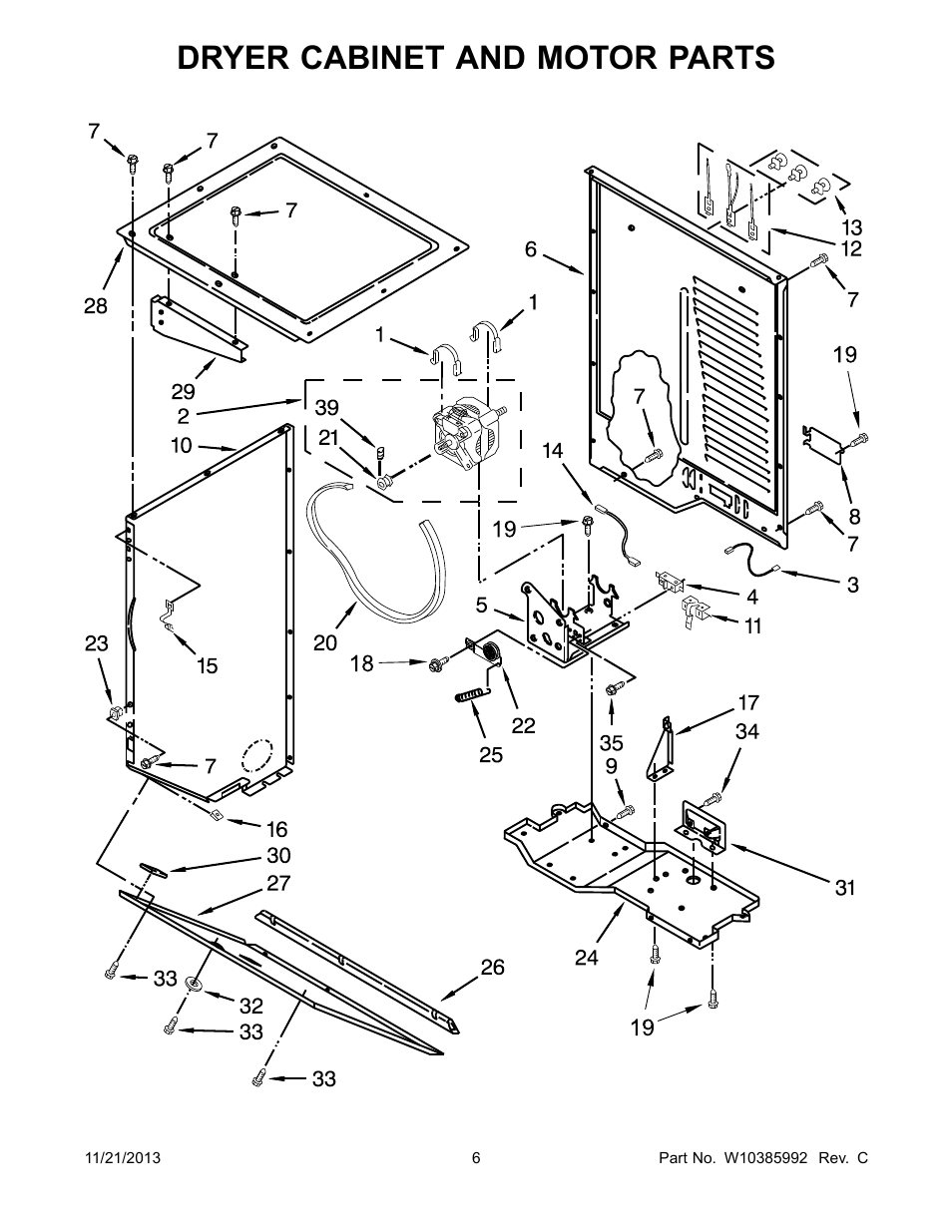 Dryer cabinet and motor, Dryer cabinet and motor parts | Whirlpool WET3300XQ User Manual | Page 6 / 30