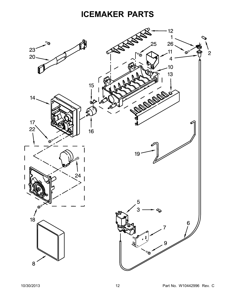 Icemaker, Icemaker parts | Whirlpool WRF560SEYW User Manual | Page 12 / 17