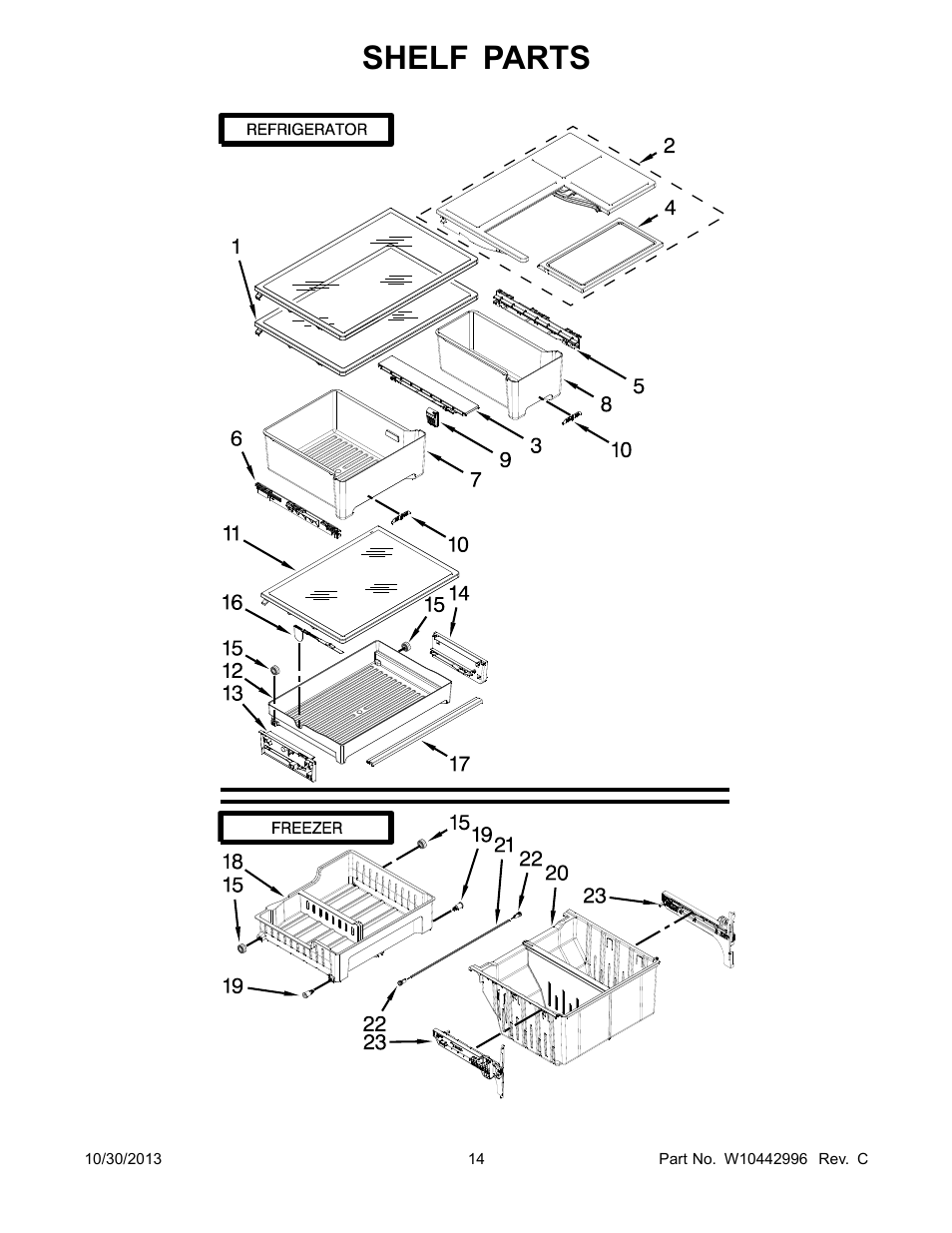 Shelf, Shelf parts | Whirlpool WRF560SEYW User Manual | Page 14 / 17