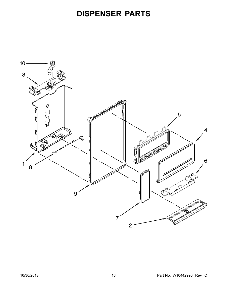 Dispenser, Dispenser parts | Whirlpool WRF560SEYW User Manual | Page 16 / 17
