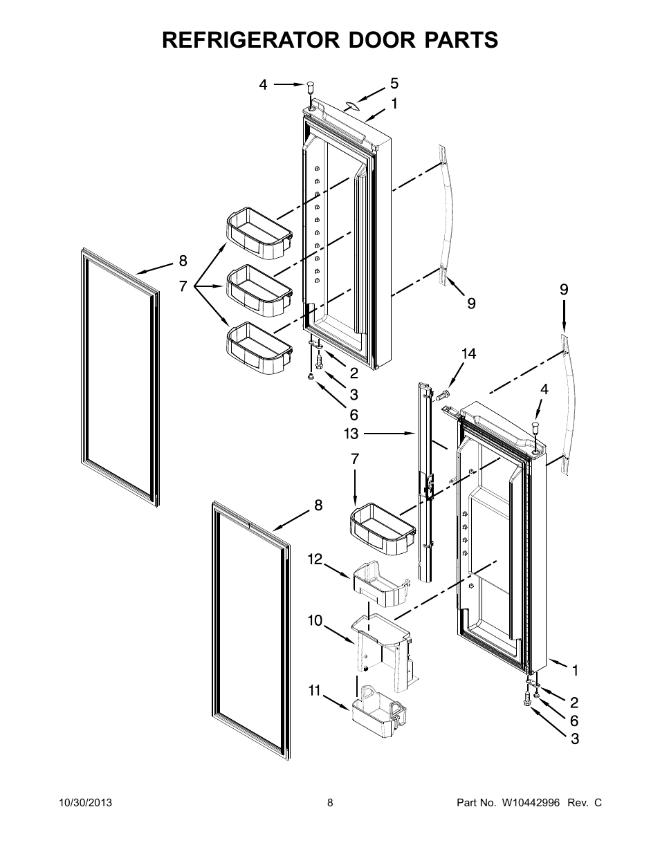 Refrigerator door, Refrigerator door parts | Whirlpool WRF560SEYW User Manual | Page 8 / 17