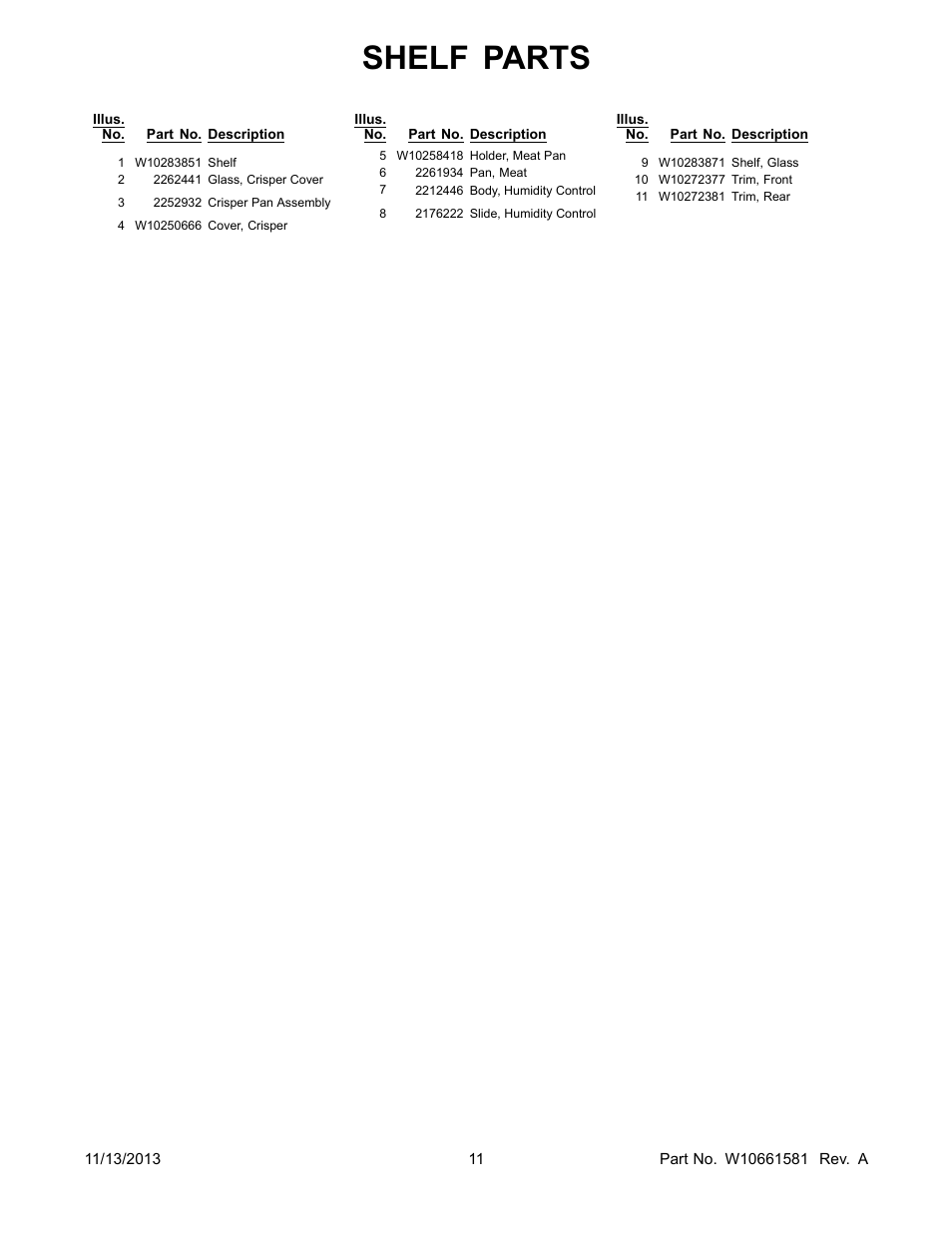 Shelf parts | Whirlpool W8TXNGZBQ User Manual | Page 11 / 12