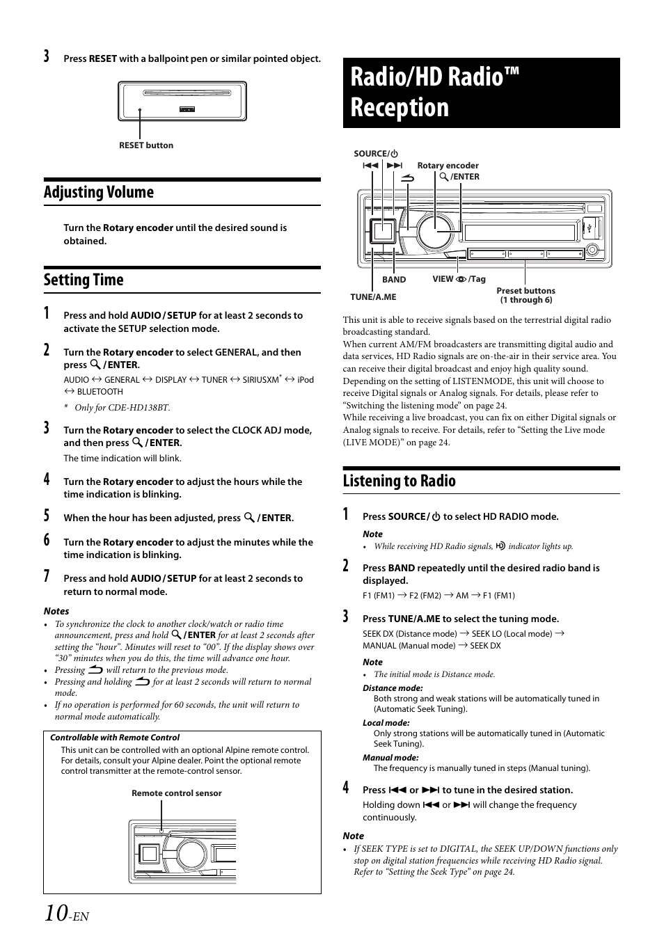 Adjusting volume, Setting time, Radio/hd radio™ reception | Listening to radio, Adjusting volume setting time | Alpine 68-21627Z10-A User Manual | Page 10 / 53