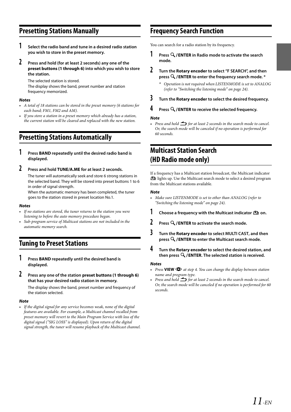 Presetting stations manually, Presetting stations automatically, Tuning to preset stations | Frequency search function, Multicast station search (hd radio mode only) | Alpine 68-21627Z10-A User Manual | Page 11 / 53
