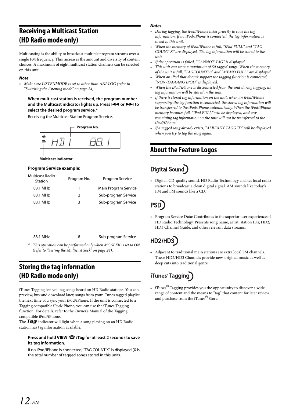 Receiving a multicast station (hd radio mode only), Storing the tag information (hd radio mode only), About the feature logos | Alpine 68-21627Z10-A User Manual | Page 12 / 53