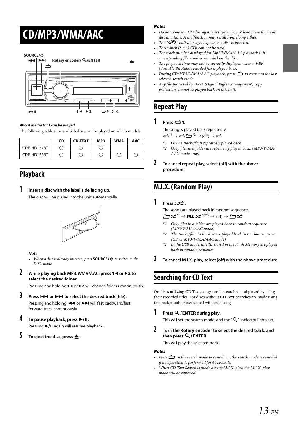 Cd/mp3/wma/aac, Playback, Repeat play | M.i.x. (random play), Searching for cd text | Alpine 68-21627Z10-A User Manual | Page 13 / 53