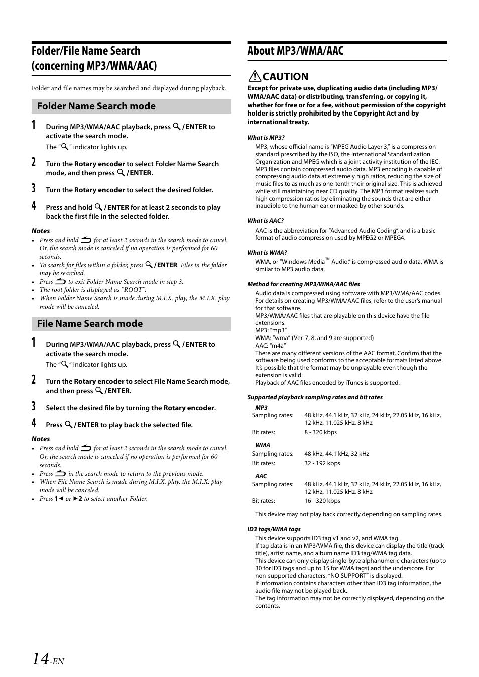 Folder/file name search (concerning mp3/wma/aac), Folder name search mode, File name search mode | About mp3/wma/aac, Folder name search mode file name search mode, Caution | Alpine 68-21627Z10-A User Manual | Page 14 / 53