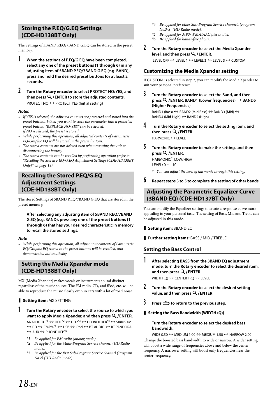 Storing the p.eq/g.eq settings (cde-hd138bt only), Setting the media xpander mode (cde-hd138bt only), Customizing the media xpander setting | Setting the bass control | Alpine 68-21627Z10-A User Manual | Page 18 / 53