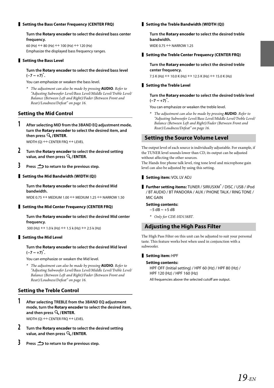 Setting the mid control, Setting the treble control, Setting the source volume level | Adjusting the high pass filter, Setting the mid control setting the treble control | Alpine 68-21627Z10-A User Manual | Page 19 / 53