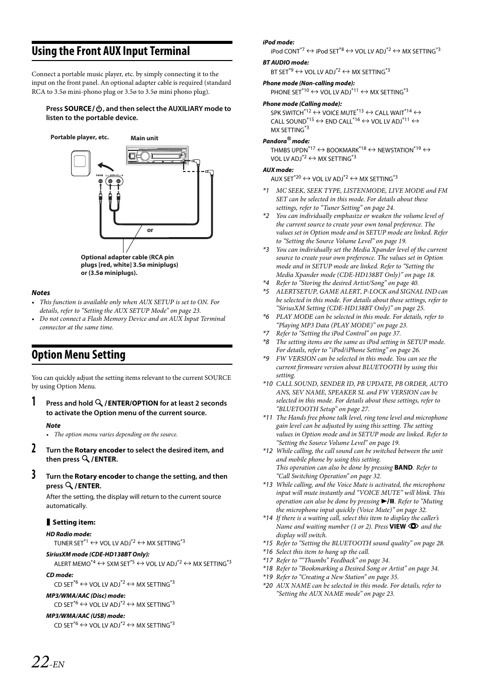 Using the front aux input terminal, Option menu setting | Alpine 68-21627Z10-A User Manual | Page 22 / 53