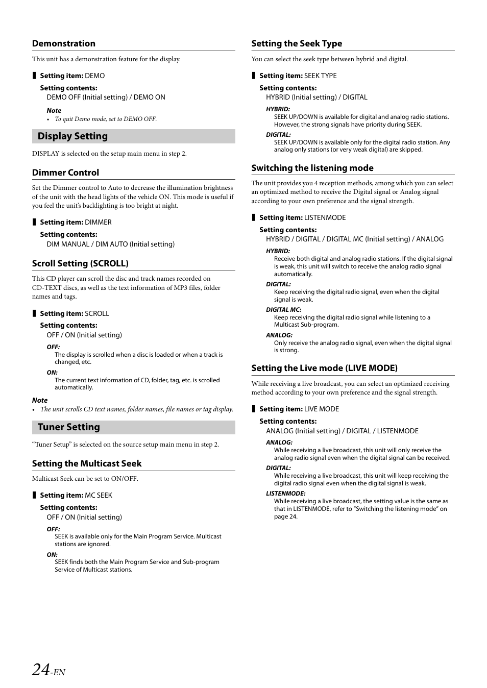 Demonstration, Display setting, Dimmer control | Scroll setting (scroll), Tuner setting, Setting the multicast seek, Setting the seek type, Switching the listening mode, Setting the live mode (live mode), Dimmer control scroll setting (scroll) | Alpine 68-21627Z10-A User Manual | Page 24 / 53
