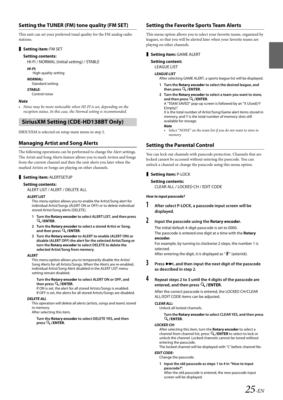 Setting the tuner (fm) tone quality (fm set), Siriusxm setting (cde-hd138bt only), Managing artist and song alerts | Setting the favorite sports team alerts, Setting the parental control, En setting the tuner (fm) tone quality (fm set) | Alpine 68-21627Z10-A User Manual | Page 25 / 53