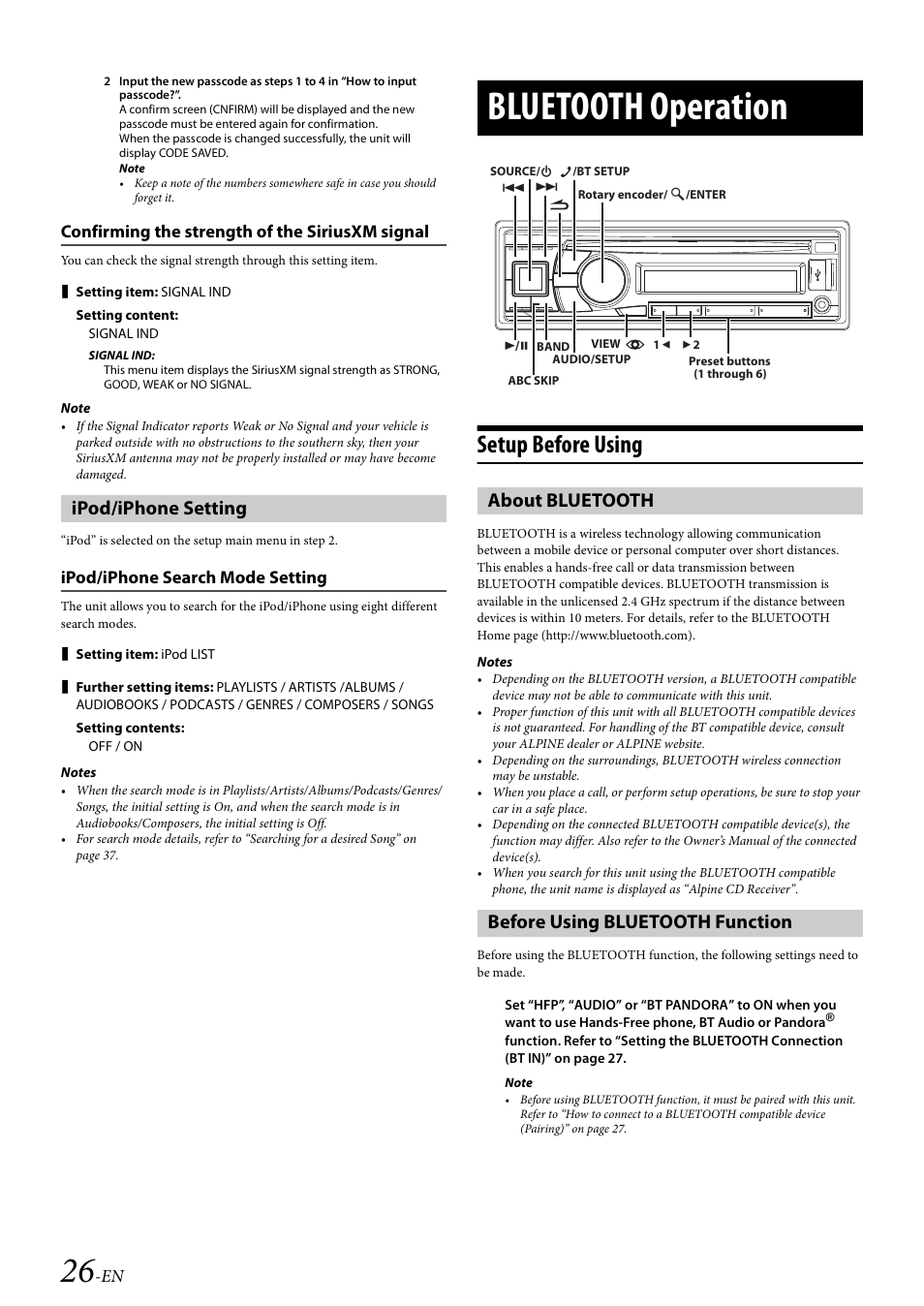 Confirming the strength of the siriusxm signal, Ipod/iphone setting, Ipod/iphone search mode setting | Bluetooth operation, Setup before using, About bluetooth, Before using bluetooth function, About bluetooth before using bluetooth function | Alpine 68-21627Z10-A User Manual | Page 26 / 53