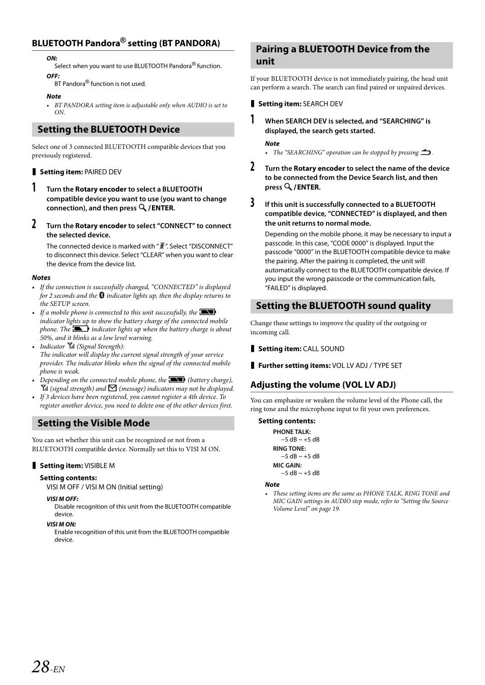 Bluetooth pandora® setting (bt pandora), Setting the bluetooth device, Setting the visible mode | Pairing a bluetooth device from the unit, Setting the bluetooth sound quality, Adjusting the volume (vol lv adj) | Alpine 68-21627Z10-A User Manual | Page 28 / 53