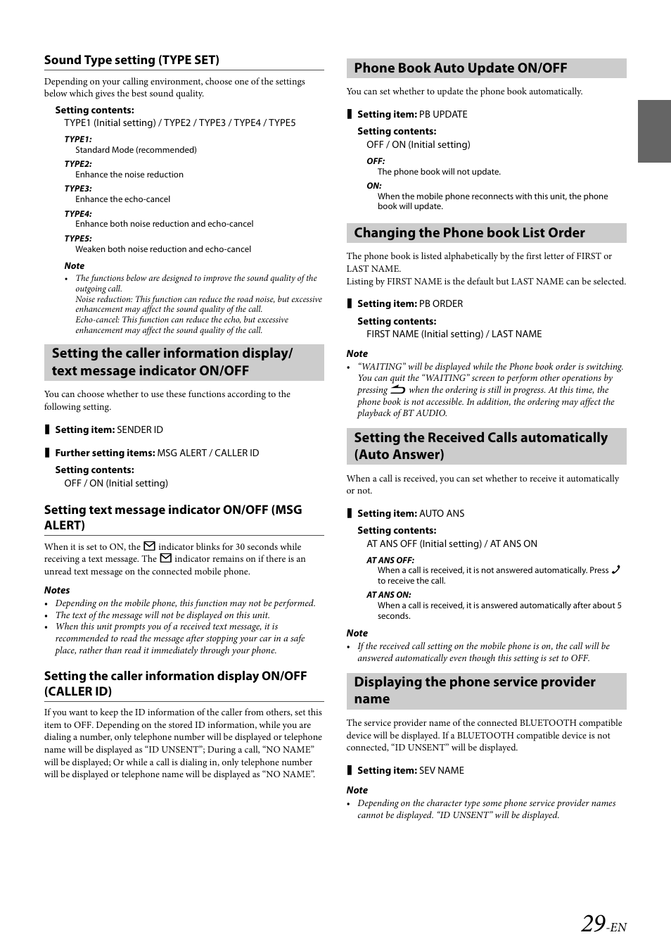 Sound type setting (type set), Setting text message indicator on/off (msg alert), Phone book auto update on/off | Changing the phone book list order, Displaying the phone service provider name, En sound type setting (type set) | Alpine 68-21627Z10-A User Manual | Page 29 / 53