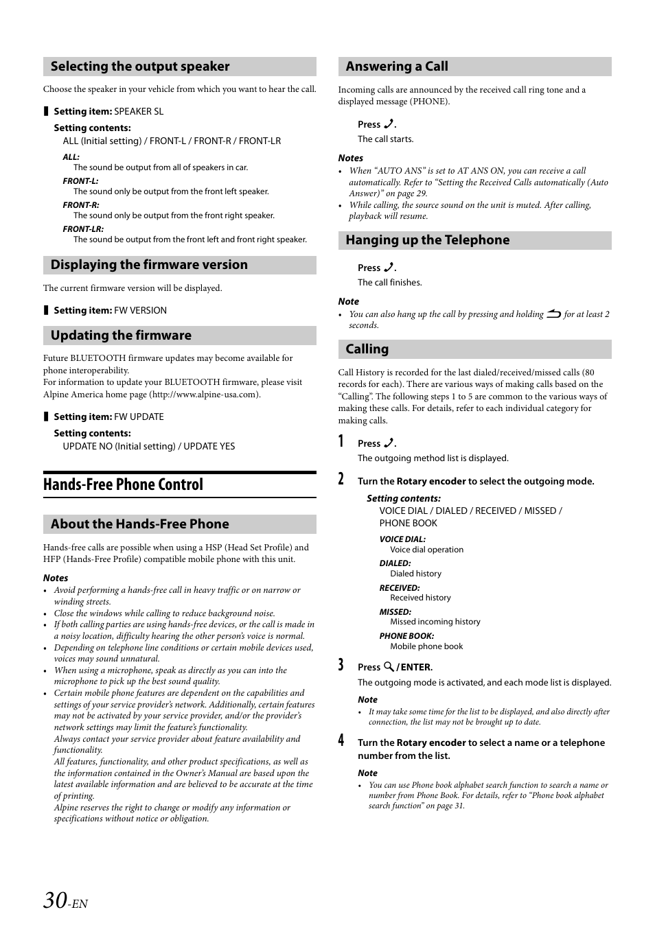 Selecting the output speaker, Displaying the firmware version, Updating the firmware | Hands-free phone control, About the hands-free phone, Answering a call, Hanging up the telephone, Calling | Alpine 68-21627Z10-A User Manual | Page 30 / 53