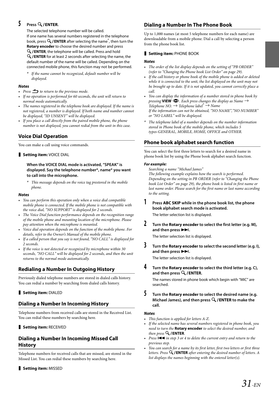 Voice dial operation, Redialing a number in outgoing history, Dialing a number in incoming history | Dialing a number in incoming missed call history, Dialing a number in the phone book, Phone book alphabet search function | Alpine 68-21627Z10-A User Manual | Page 31 / 53