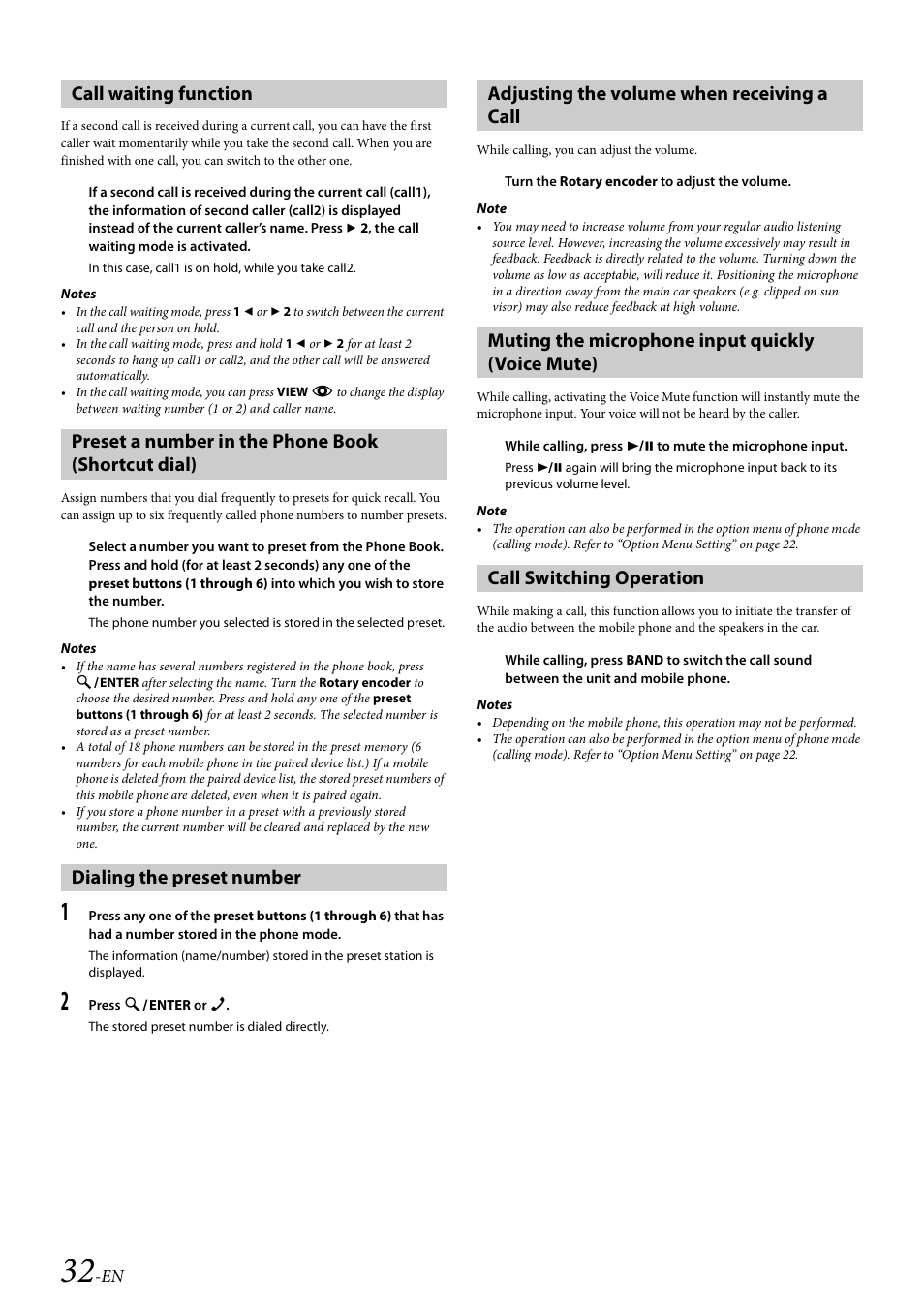 Call waiting function, Preset a number in the phone book (shortcut dial), Dialing the preset number | Adjusting the volume when receiving a call, Muting the microphone input quickly (voice mute), Call switching operation | Alpine 68-21627Z10-A User Manual | Page 32 / 53