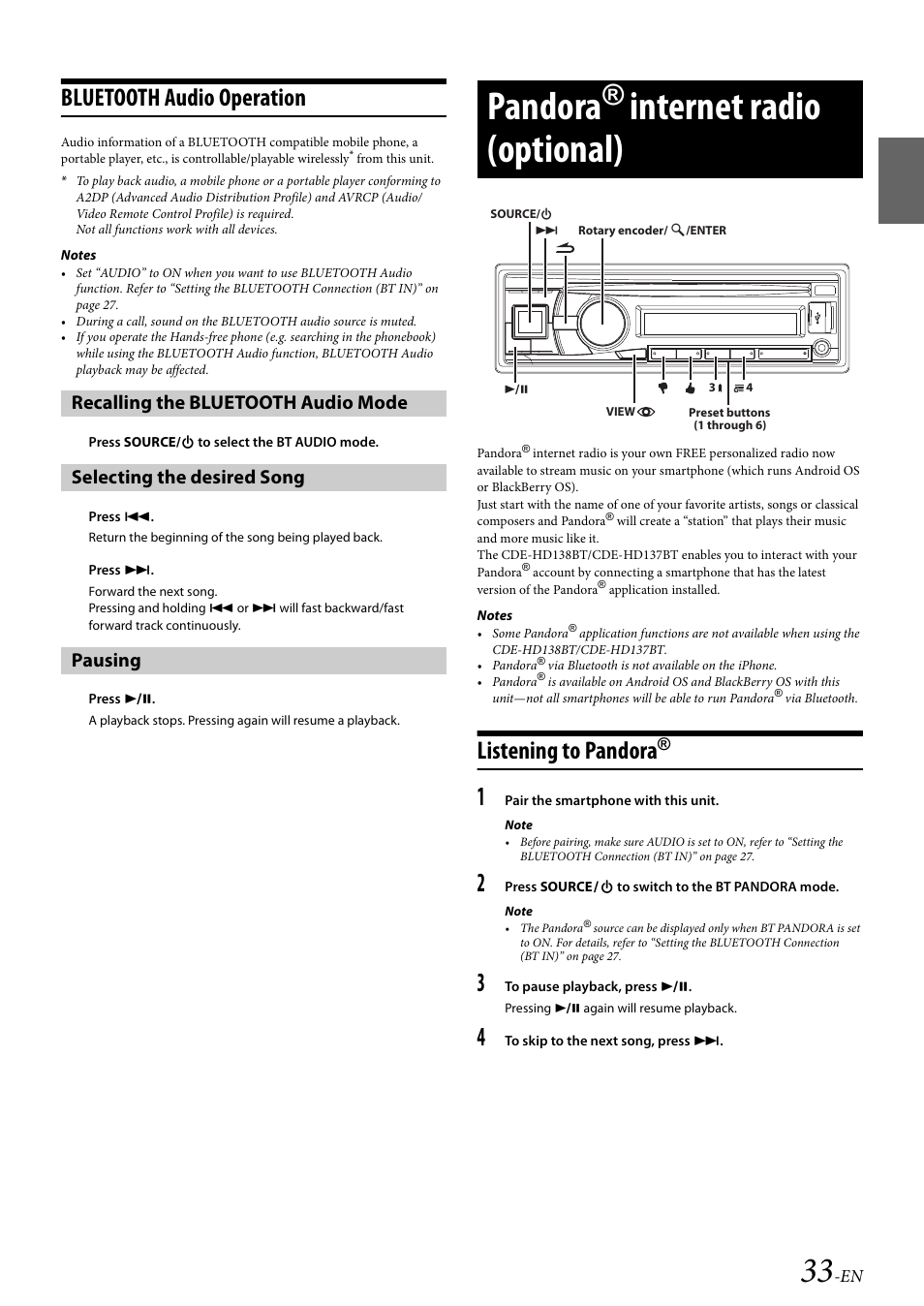Bluetooth audio operation, Recalling the bluetooth audio mode, Selecting the desired song | Pausing, Pandora® internet radio (optional), Listening to pandora, Pandora, Internet radio (optional) | Alpine 68-21627Z10-A User Manual | Page 33 / 53