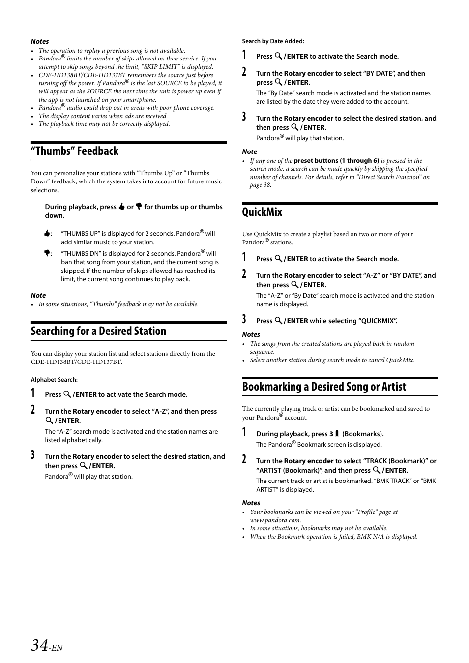 Thumbs” feedback, Searching for a desired station, Quickmix | Bookmarking a desired song or artist | Alpine 68-21627Z10-A User Manual | Page 34 / 53